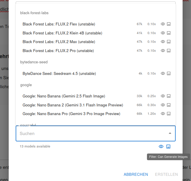 Geöffnete Modell-Liste mit Suchfunktion